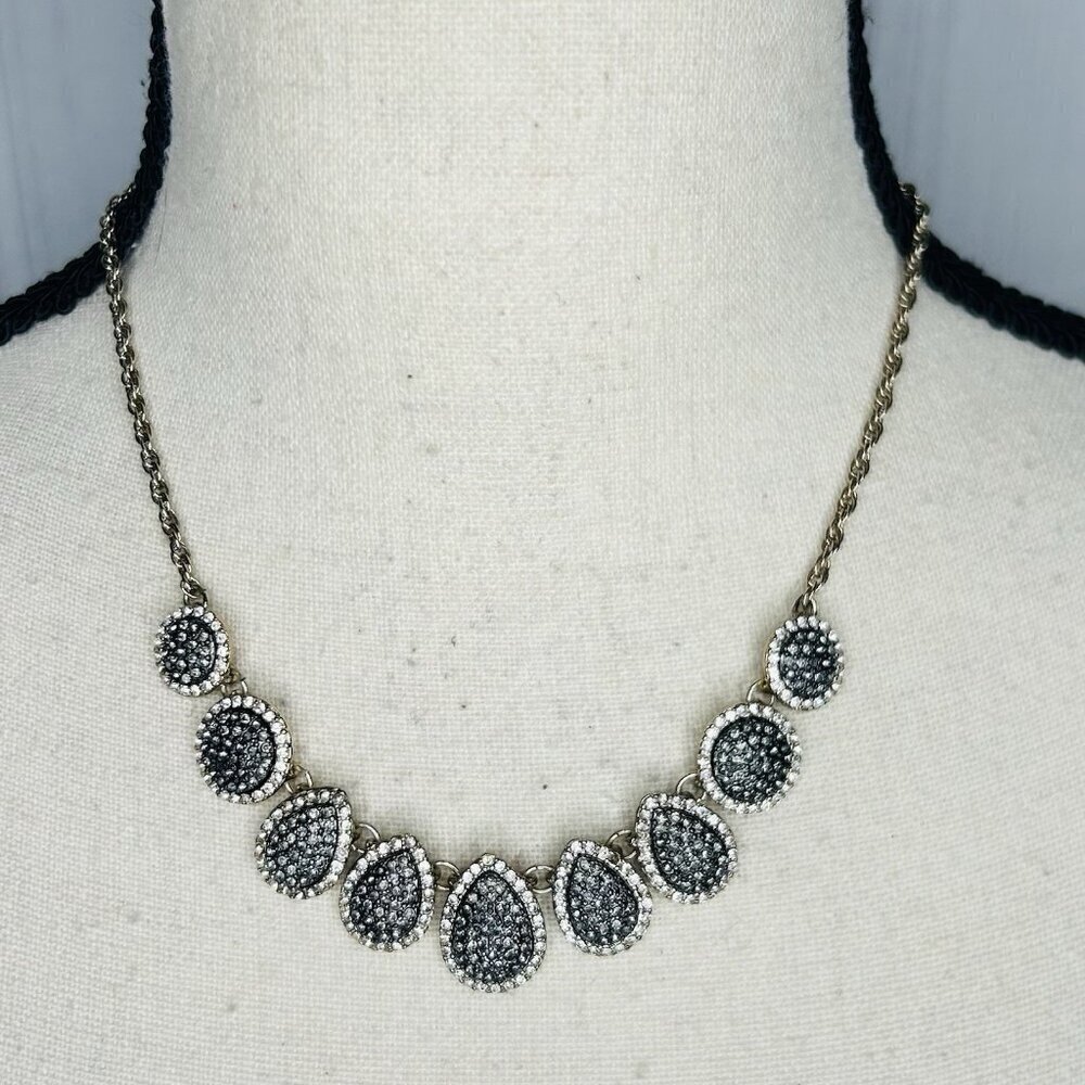 Ann Taylor Loft Charcoal Druzy with Crystal Accents 16” Silver Tone Necklace